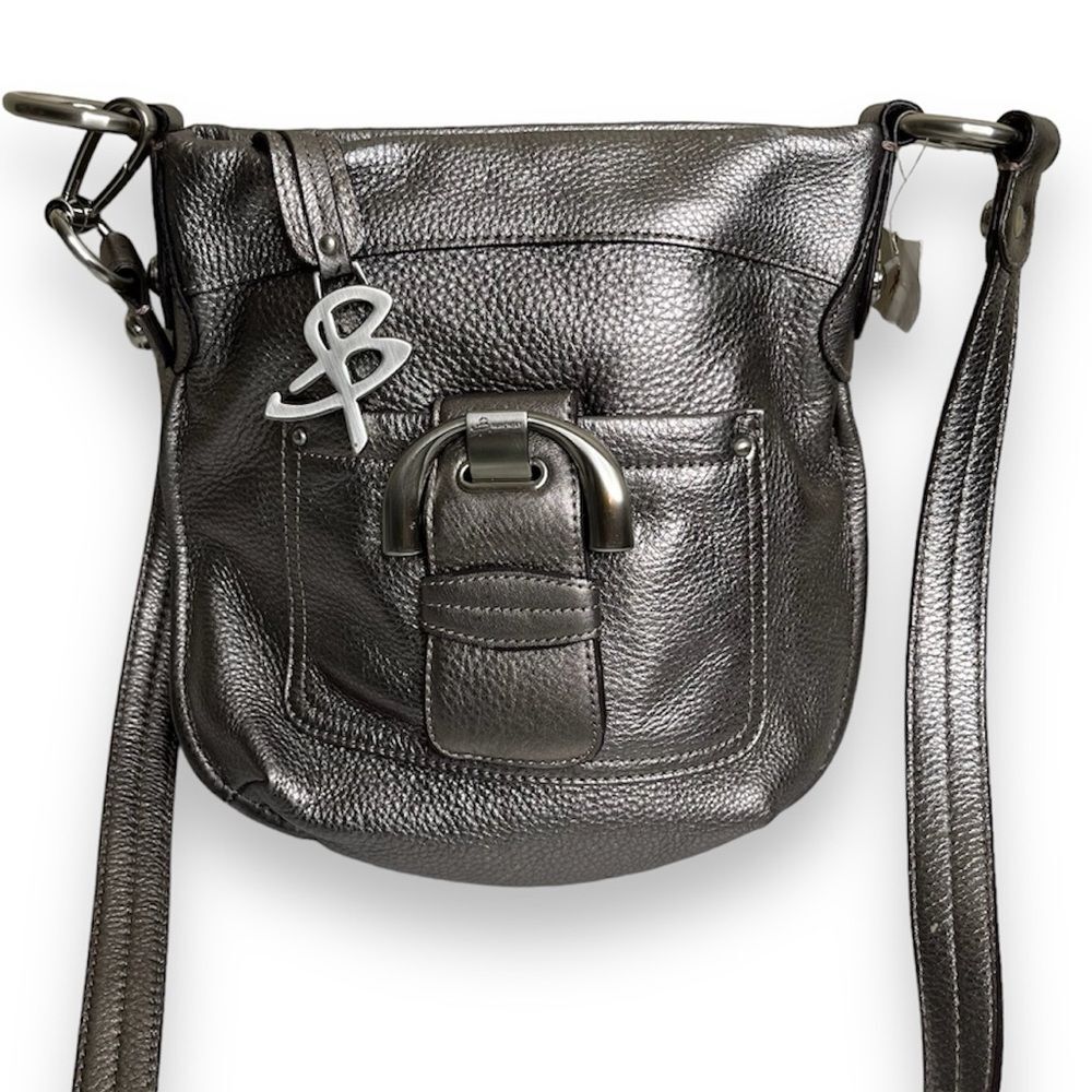 New With Flaws B Makowsky Gunmetal Metallic Pebble Leather Crossbody Handbag